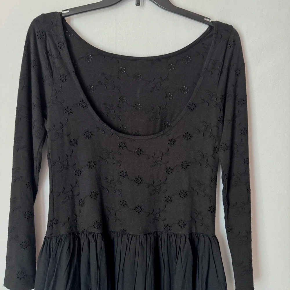 Free People Black Eyelet Long Sleeve Scoop Back Surley Mini Dress Size M